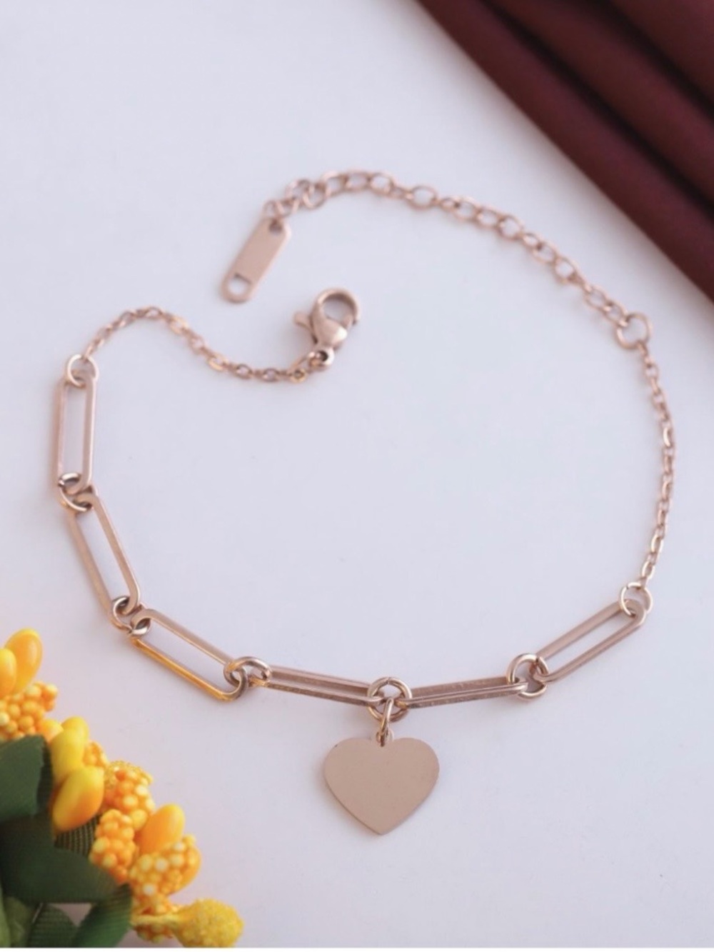 Rose Gold Heart Charm Link Bracelet - Women Jewelry